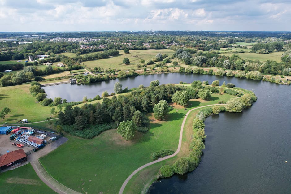 An aerial view of Ruislip Lido, featuring a large, irregularly shaped artificial lake surrounded by lush green grass, dense clusters of trees, and well-maintained walking paths. In the foreground, the